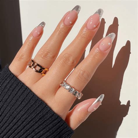 french manicure  silver glitter