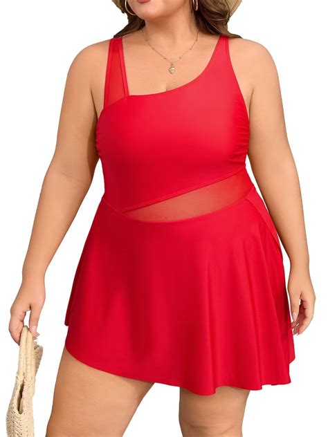 Asoul Plus Size One Piece Swimsuit Swim Dress Mesh Cutout Skirt Bathing
