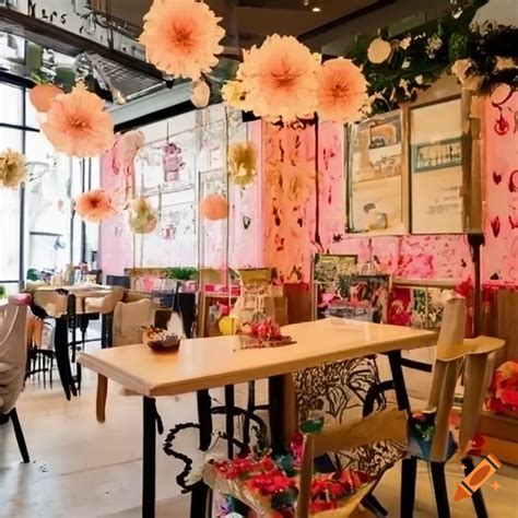 Interior of a floral-themed cafe with warm lighting on Craiyon
