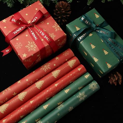 Travelwant Christmas Wrapping Paper - Brown Kraft Paper with Red and Green Pattern for ...