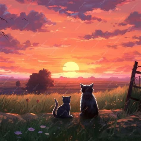 Painting of two cats sitting in a field watching the sun set generative
