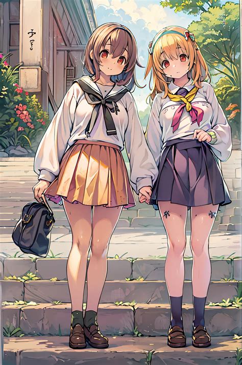 Anime - style picture of two young girls standing on steps in front of