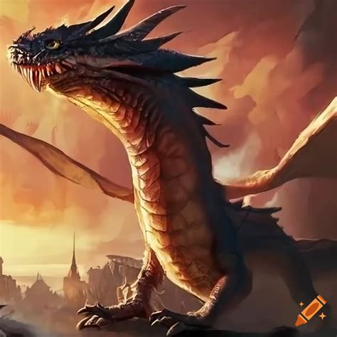 Smaug dragon towering over a city on Craiyon