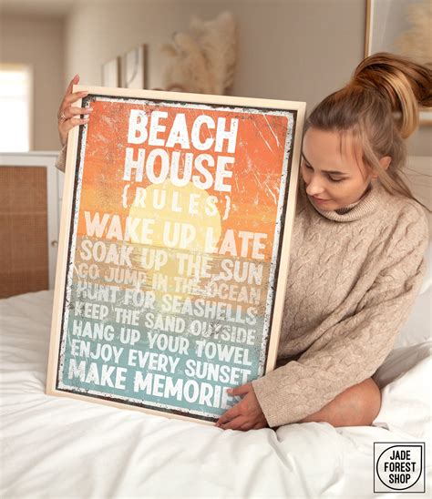 BEACH HOUSE RULES Sign With Sunset Colors, Vintage Beach Poster