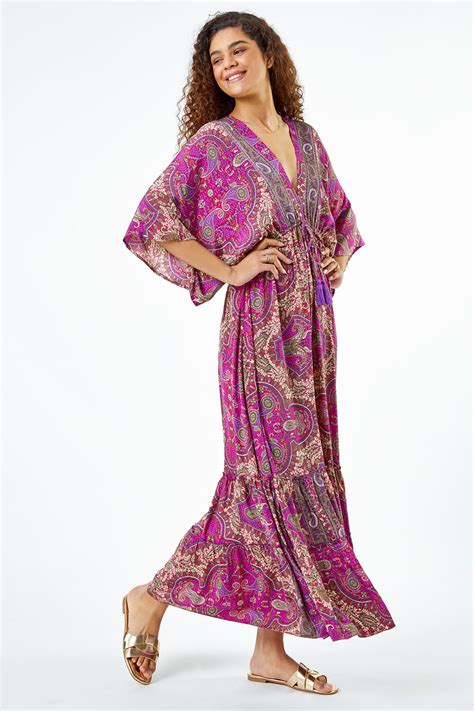 Fuchsia Paisley Print Boho Maxi Dress | Roman UK