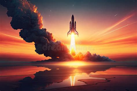 Rocket Start, with View of Sunrise Over the Horizon Stock Illustration ...
