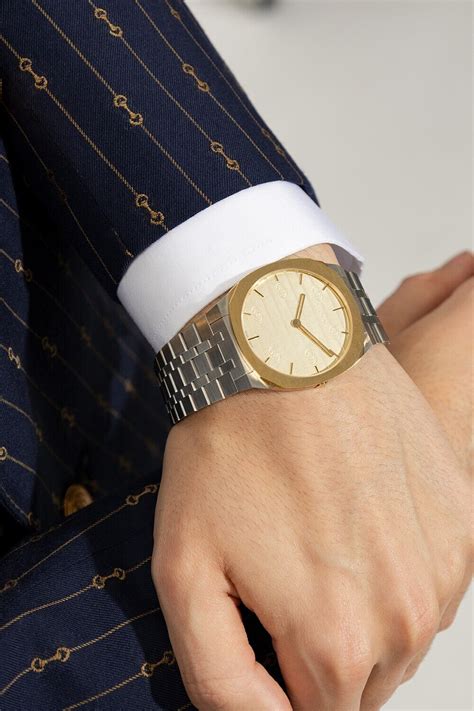 Gucci 25H SWISS Quartz Ultra Thin Gold Dial Stainless Steel Men's Watch ...