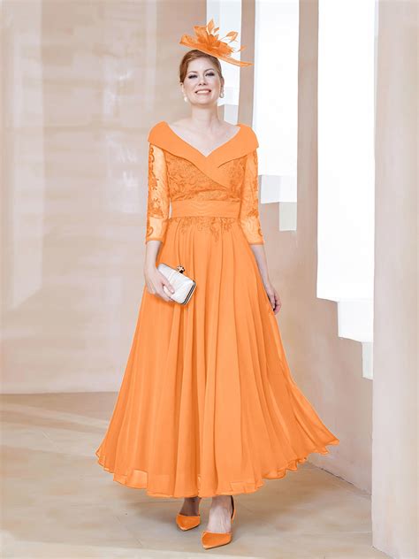 A-line V-neck Appliqued Chiffon Dress Orange – BABARONI