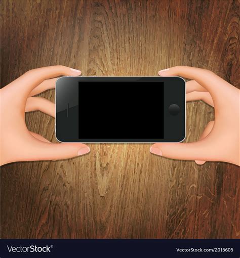 Wooden background with hands holding phone Vector Image