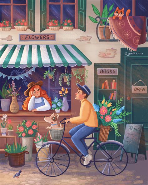 Иллюстрация Цветочная лавка в стиле книжная графика, компьютерная