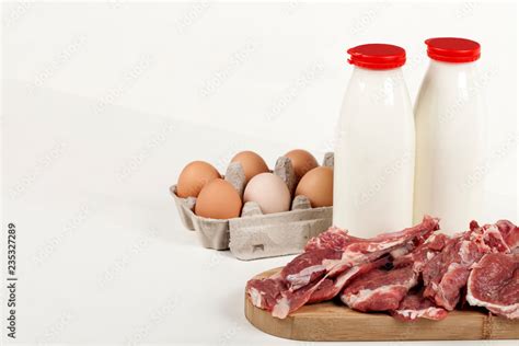 meat milk eggs and fish Stock Photo | Adobe Stock