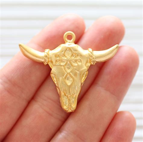 Gold bull pendant, longhorn, ornate bull skull pendant, tribal bull ...