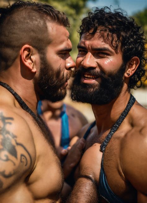 Lexica - A couple of kissing wrestling shirtless oiled hairy sweaty