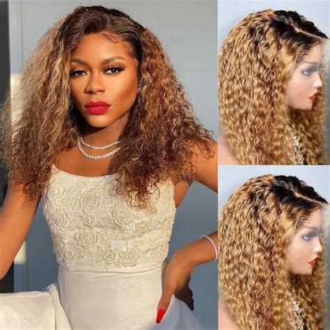 Black Gradient Light Brown Brazilian Wave Curly Wigs