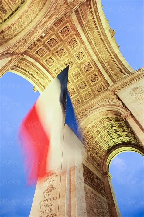 "French Tricolour Flag Flying At Dusk, Arc De Triomphe, Paris, France