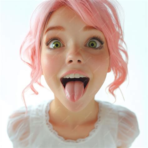 A young woman with pink hair and green eyes sticks her tongue out in a