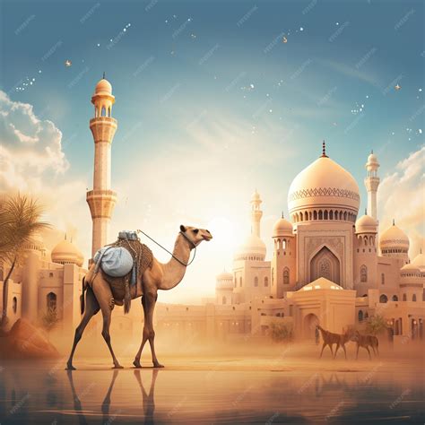 Premium Photo | A camel with a backpack and a camel in front of a mosque