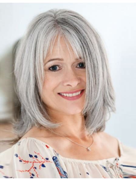 Cute Medium Length Straight Bob Style Grey Wig With Bangs, Chin Length ...