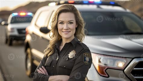a beautiful smiling young female police beside of a blurry traffic