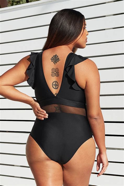 Black Plus Size Swimwear Women One Piece Swimsuit V Neck Tummy Control ...