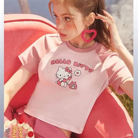 Solid Crop Top Hello Kitty Clothes Women T-shirts Cropped Slim High
