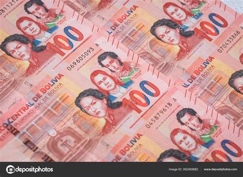 bolivian money  banknotes spread  table stock editorial