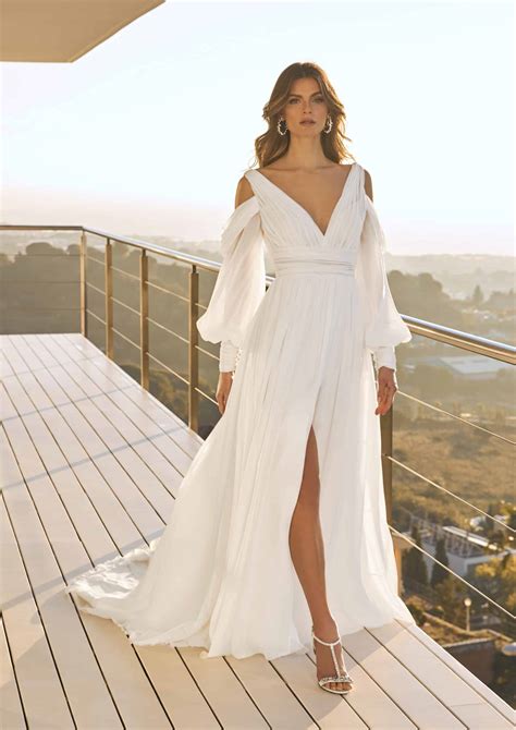 Elegant Draped Chiffon wedding Gown with Split Skirt