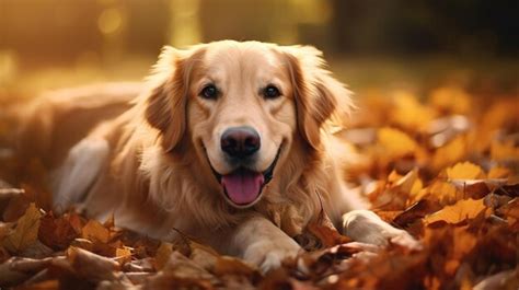 Premium Photo | Golden Retriever in a Pile of Fall Leaves