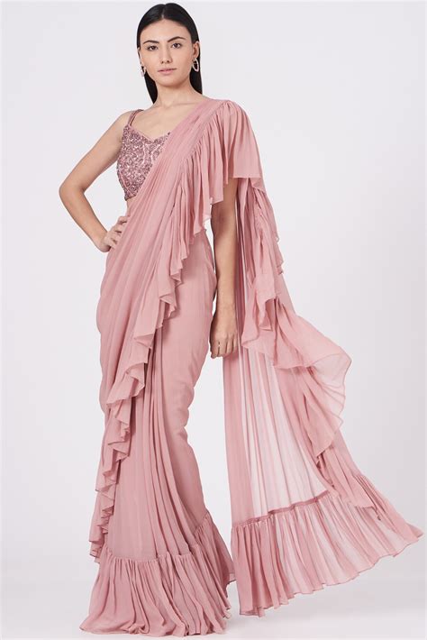 Nude Pink Pure Georgette & Soft Net Draped Saree Set by SHIVA JANGRA at
