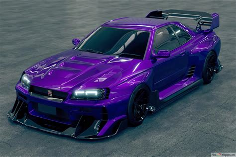 Nissan skyline r34 morado con llantas negras y modificadas 4K descarga