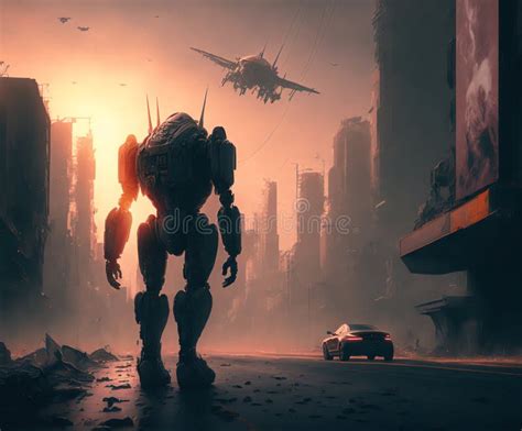 Robot Apocalypse Machine Invasion Cyborg Jet City Stock Illustration ...