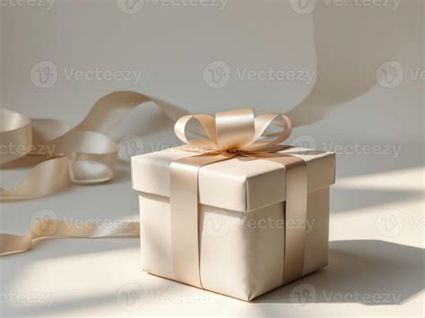 Beige gift box with ribbon on festive minimal background 54875733 Stock