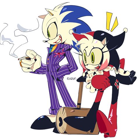 sonic the hedgehog, amy rose, harley quinn, and joker (sonic) drawn by