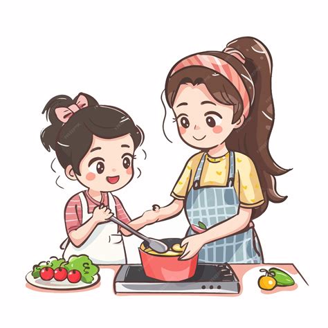 Premium Vector | Mother teaching daughter to cook
