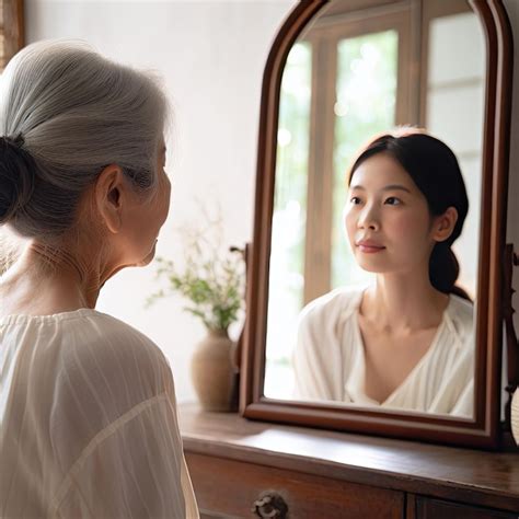 Premium Photo | An elderly woman looks in the mirror and sees herself ...