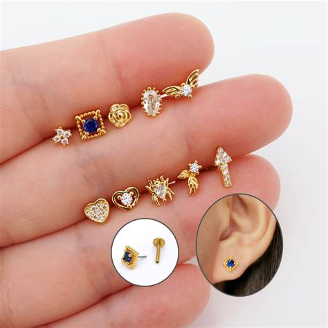 CZ Cartilage Earrings Flat Back Studs Push Pin Labret Earrings Titanium, 16G Helix/cartilage ...