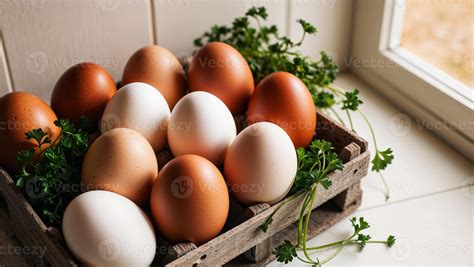 Fresh organic farm eggs on display in natural light. 50844543 Stock