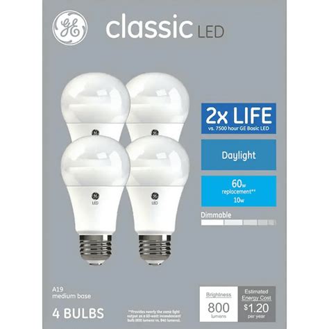 GE classic LED 60 watt equivalent A19 Daylight Dimmable LED light bulbs ...