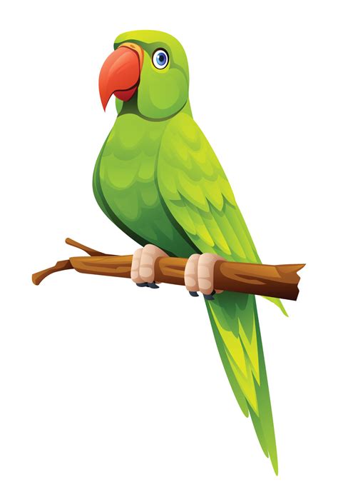 Cute green parrot sitting on branch cartoon illustration isolated on ...