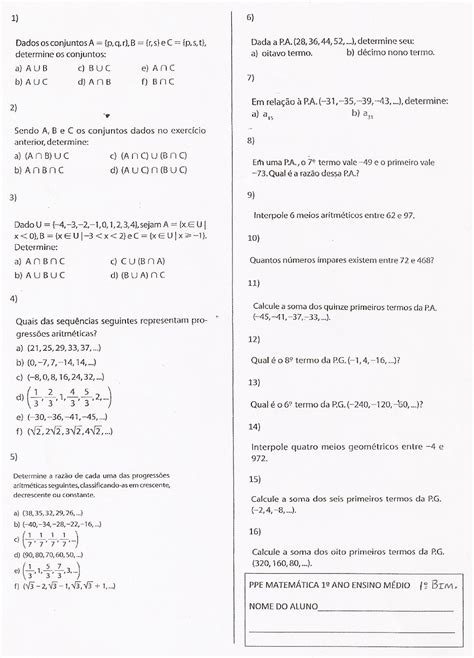Exercícios De Matemática 1 Ano Ensino Médio Com Respostas