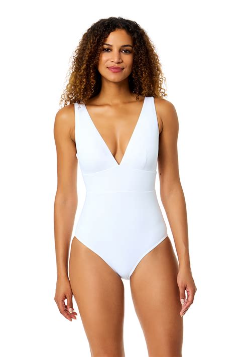 Anne Cole White Plunge Front One Piece Swimsuit | Deep Plunge White Maillot