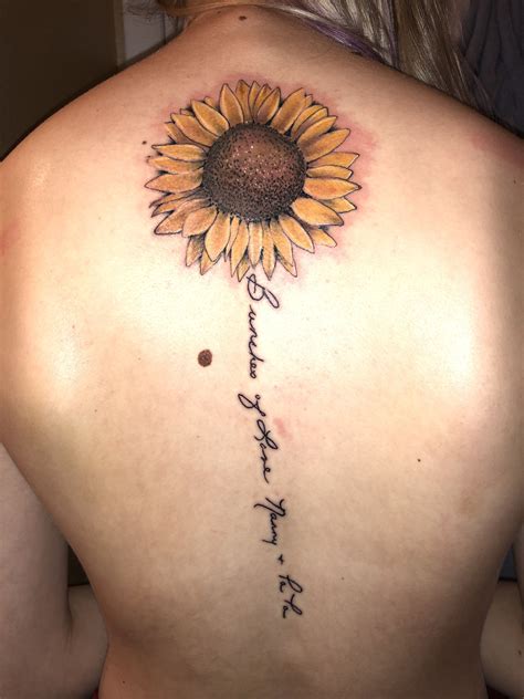 Sunflower tattoo with my grandma's handwriting. | Flower spine tattoos ...