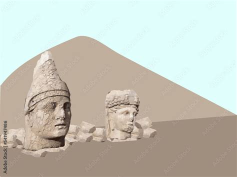 Antique statues on Nemrut Mountain (Nemrut Dagi) vector illustration ...