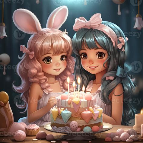 cartoon style illustration little girls girlfriends celebrating