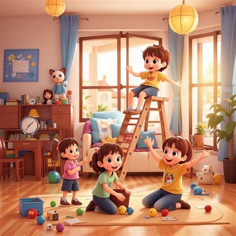 Premium Photo | Happy children playing in the home illustration