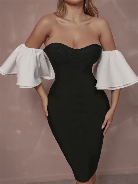 Off Shoulder Strapless Midi Bandage Dress Sexy Short Sleeve - Power Day
