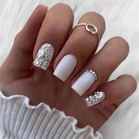 Amazon.com: Square White Press on Nails Medium Fake Nails with Silvery