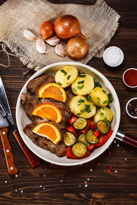 Grilled Steak, Boiled Potatoes and Vegetables Stock Photo - Image of ...