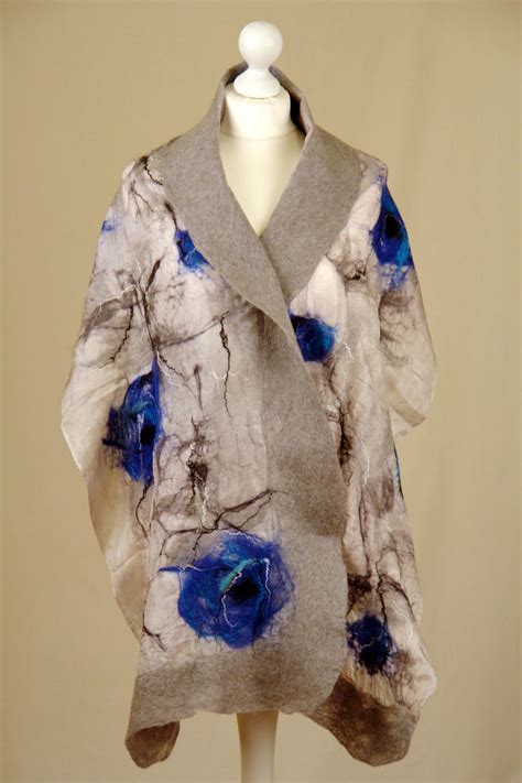 nuno felt scarf silk pongee merino wool blue flowers etsy