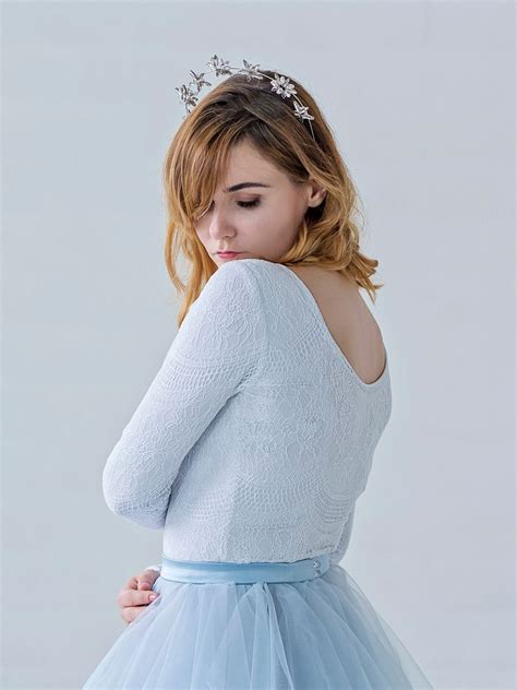 Aella - long sleeved bridal top in white and pale dusty blue